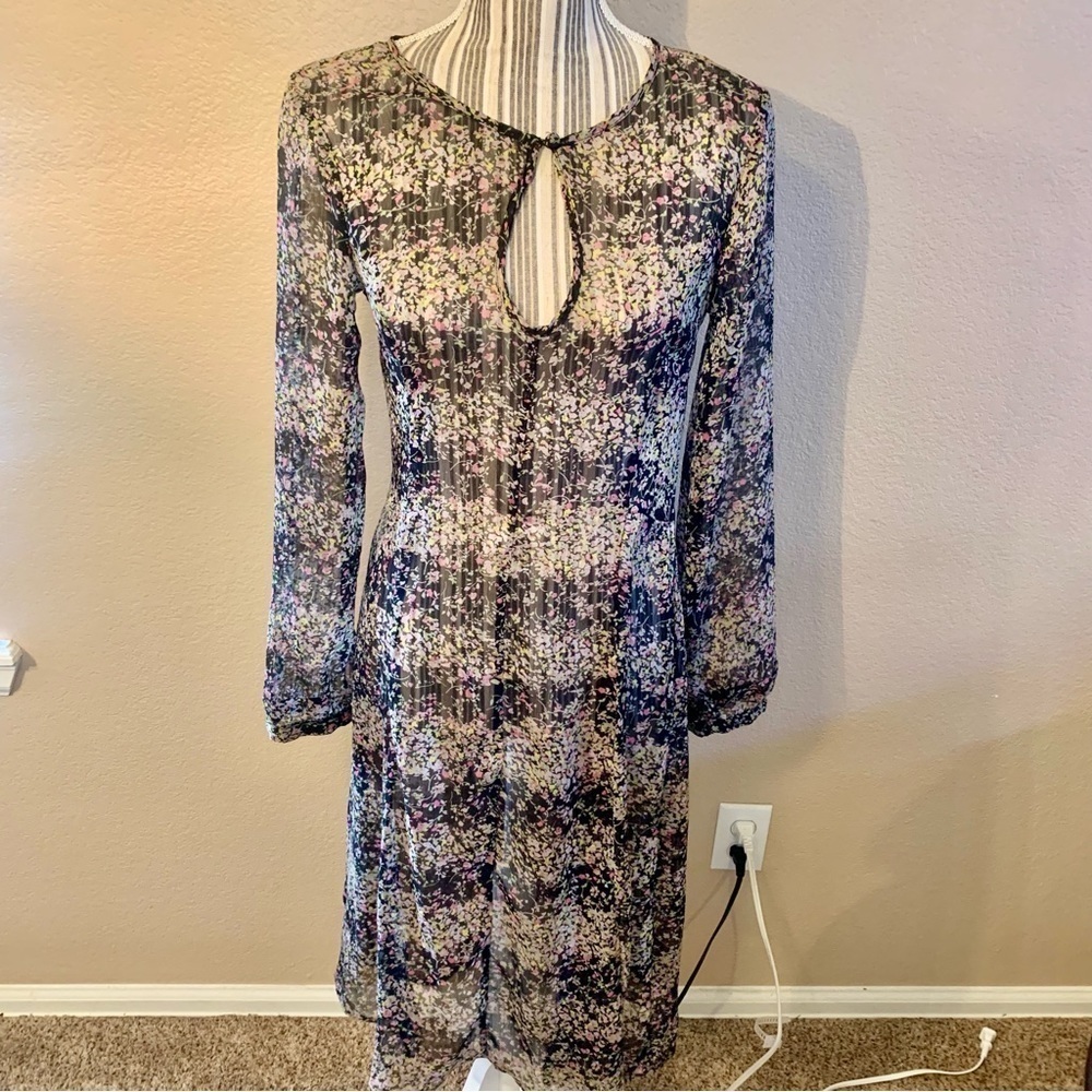 H&M Sheer Dress Sz 8 Black Boho Floral Pink Green Yellow Keyhole Opening Midi